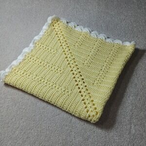 Handmade Crochet Unisex Baby Afghan Blanket Yellow Swaddle White Border 36x36